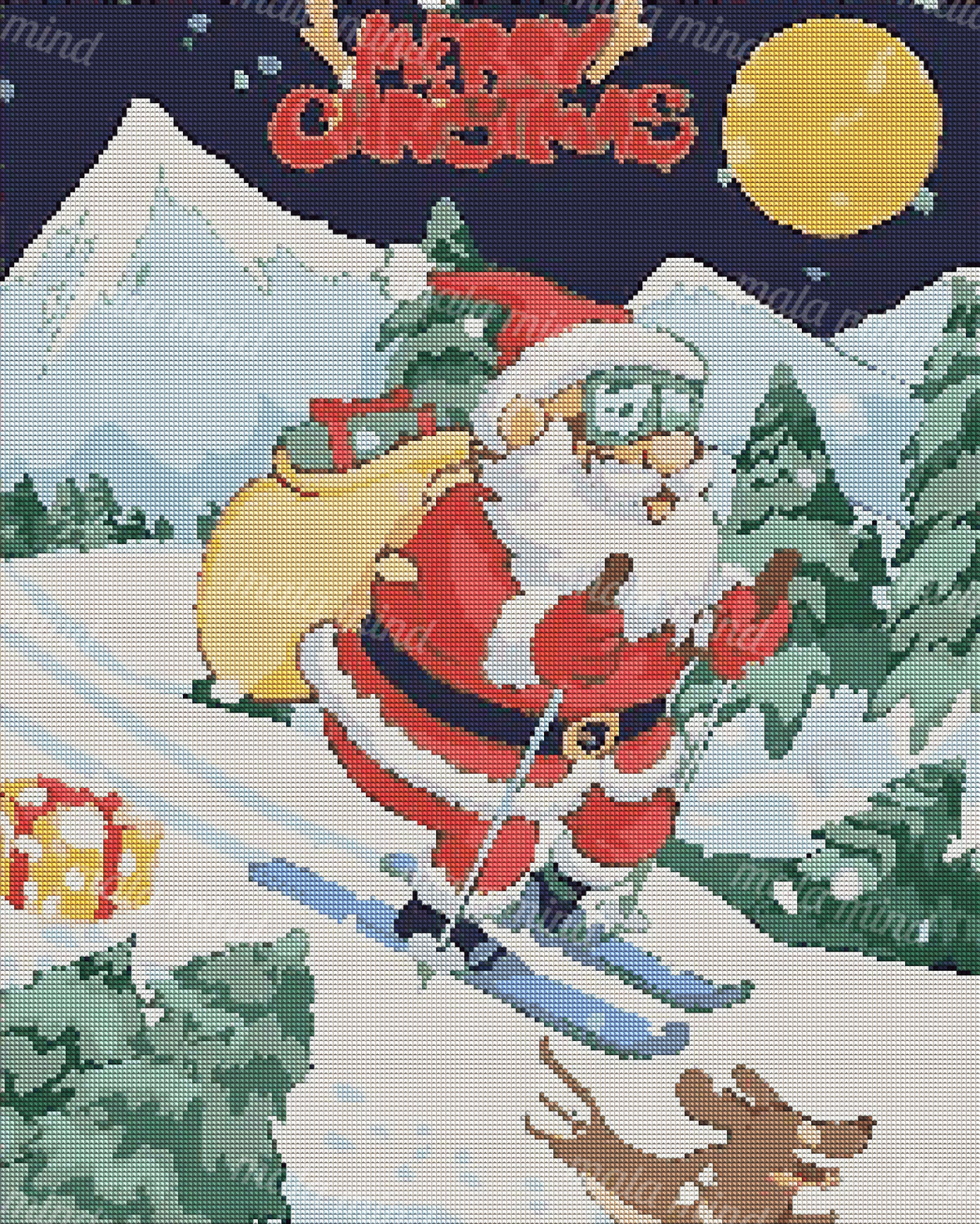 Cartoon Santa skis through snowy mountains with a sack, reindeer, evergreens, moon, and Merry Christmas lettering. — 04_diamond_render