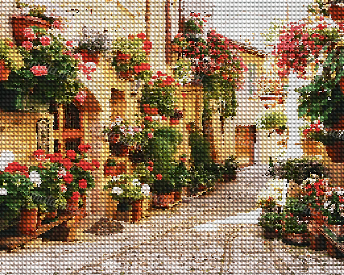 Sunlit cobblestone alley framed by stone buildings and abundant colorful potted flowers — 04_diamond_render