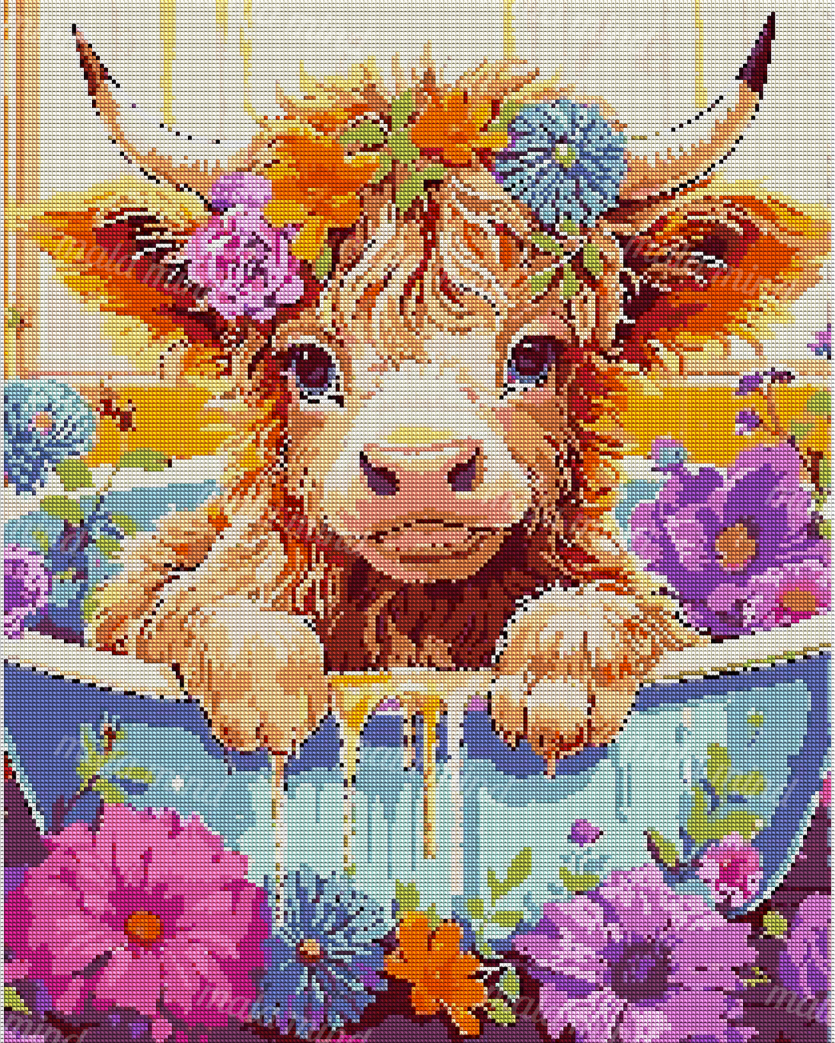 Forward-facing shaggy longhorn cow with flowers around its horns and paws resting on a blue ledge. — 04_diamond_render