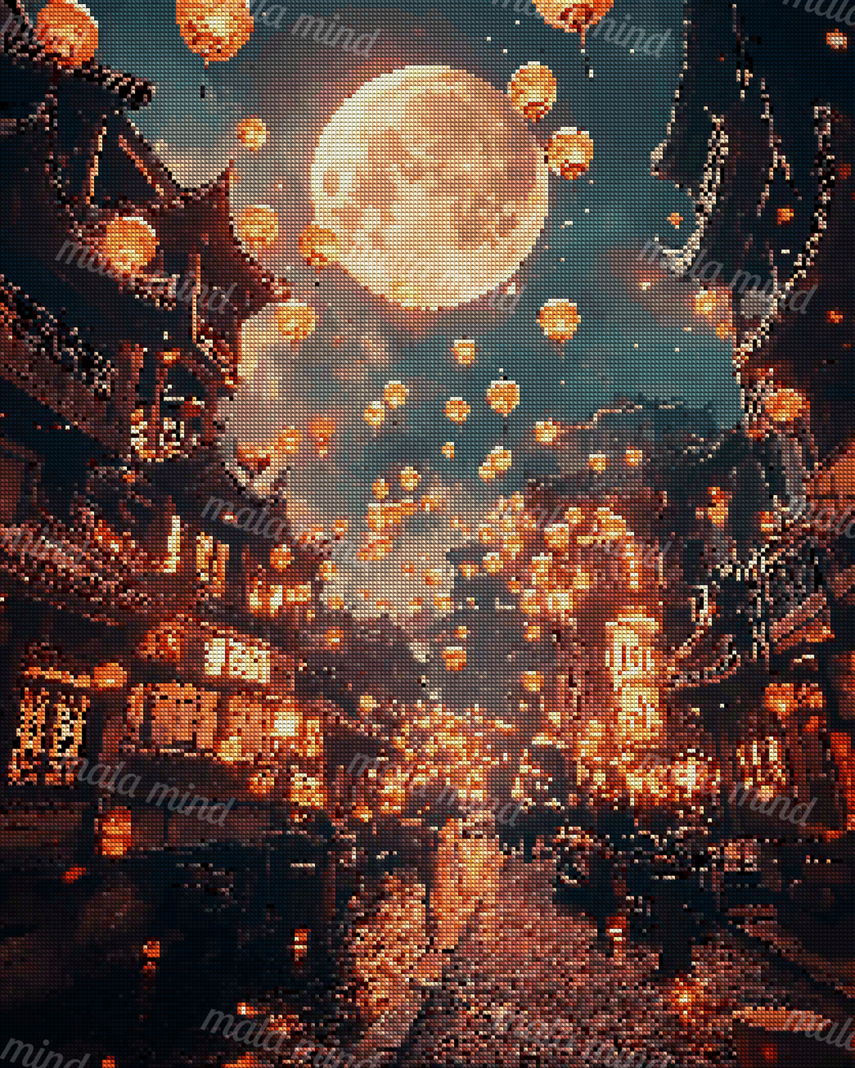 Lantern-filled East Asian street beneath a giant full moon with wet reflective pavement — 04_diamond_render