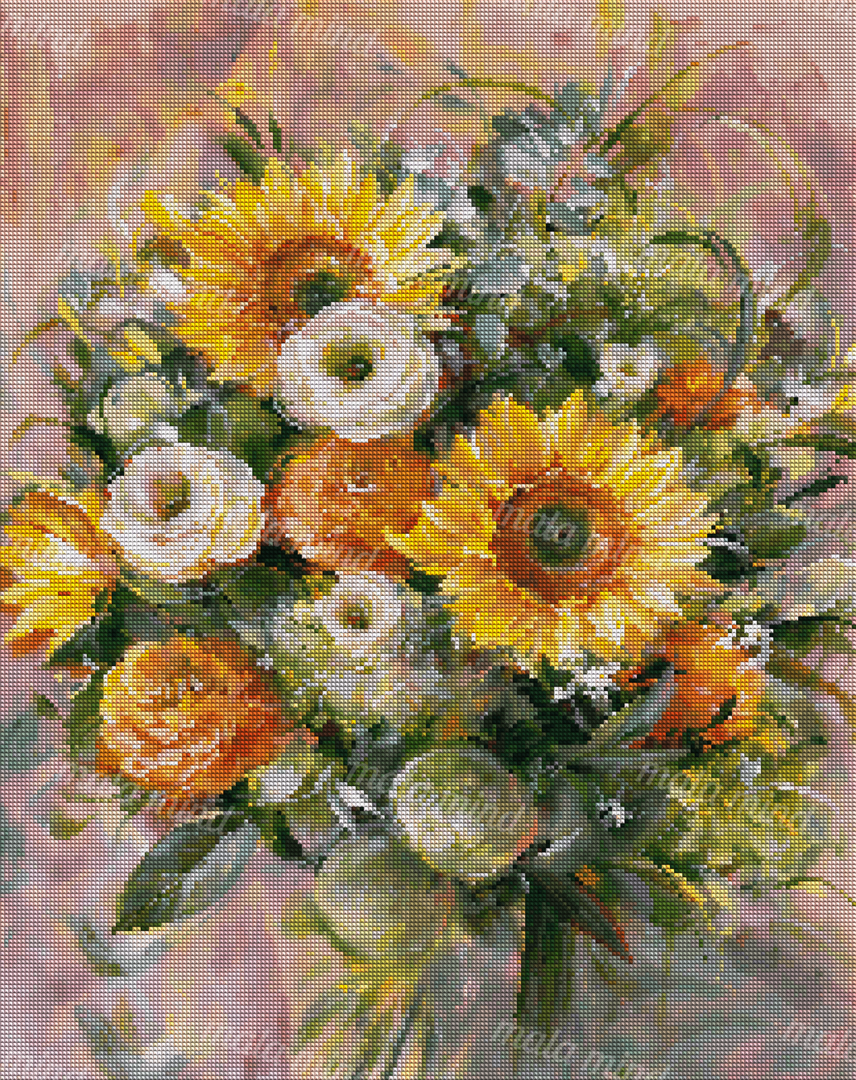 Painterly bouquet of sunflowers, white and orange flowers, and green foliage against a pink background — 04_diamond_render