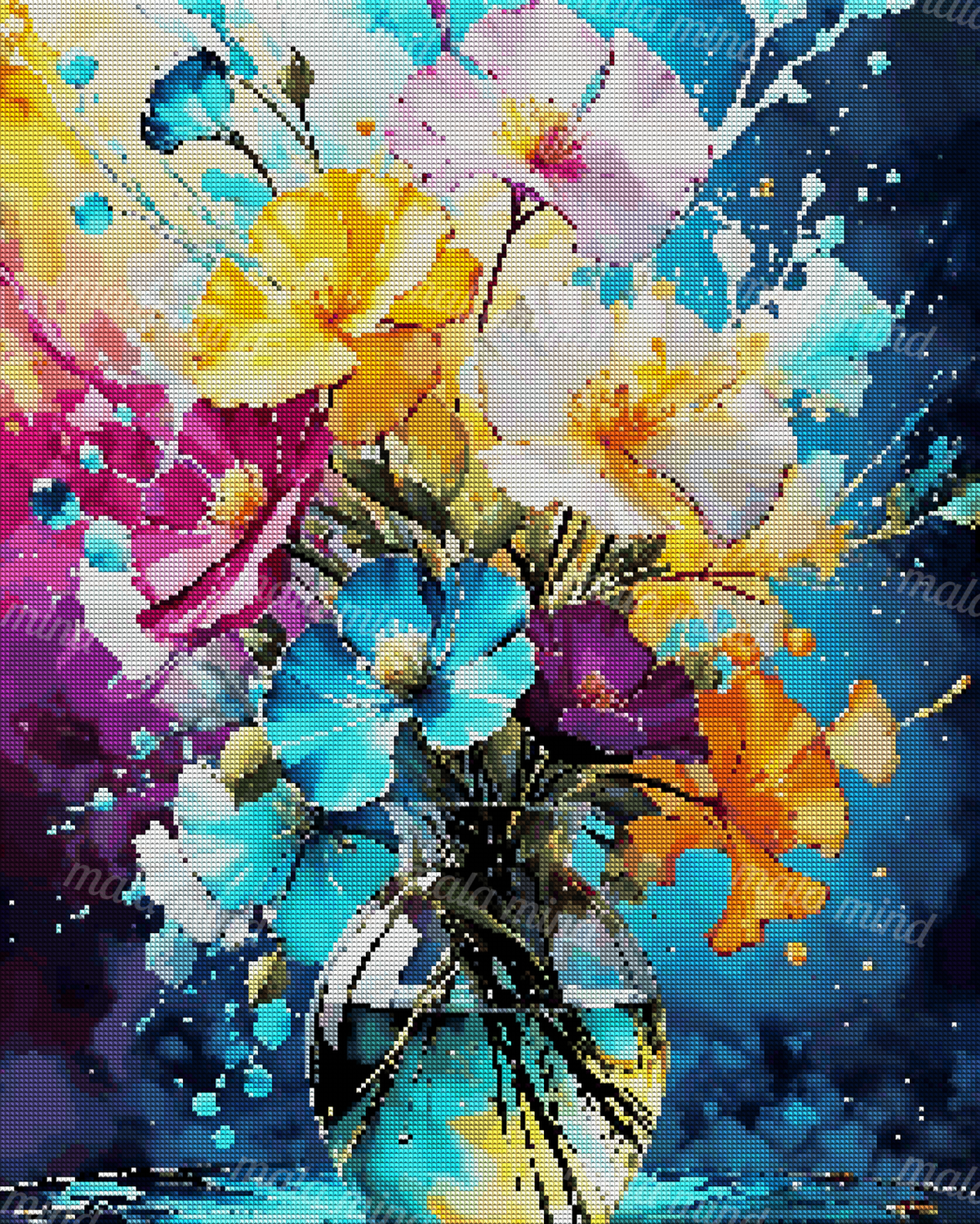 Colorful flower bouquet in a reflective glass vase against a dark paint-splashed background — 04_diamond_render