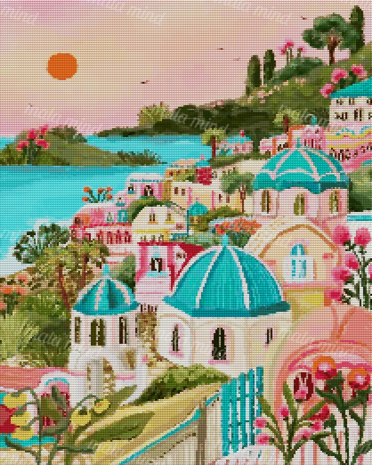 Colorful seaside village with turquoise domes, pastel houses, tropical plants, blue water, and a pink sky — 04_diamond_render