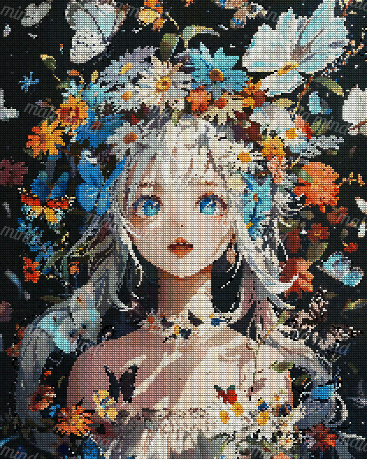 White-haired anime woman with blue eyes surrounded by colorful flowers and butterflies — 04_diamond_render