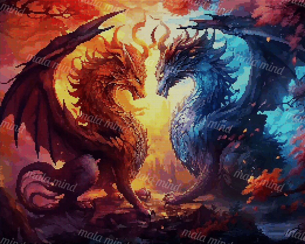 Red-orange and blue dragons face each other in a glowing, colorful fantasy forest. — 04_diamond_render