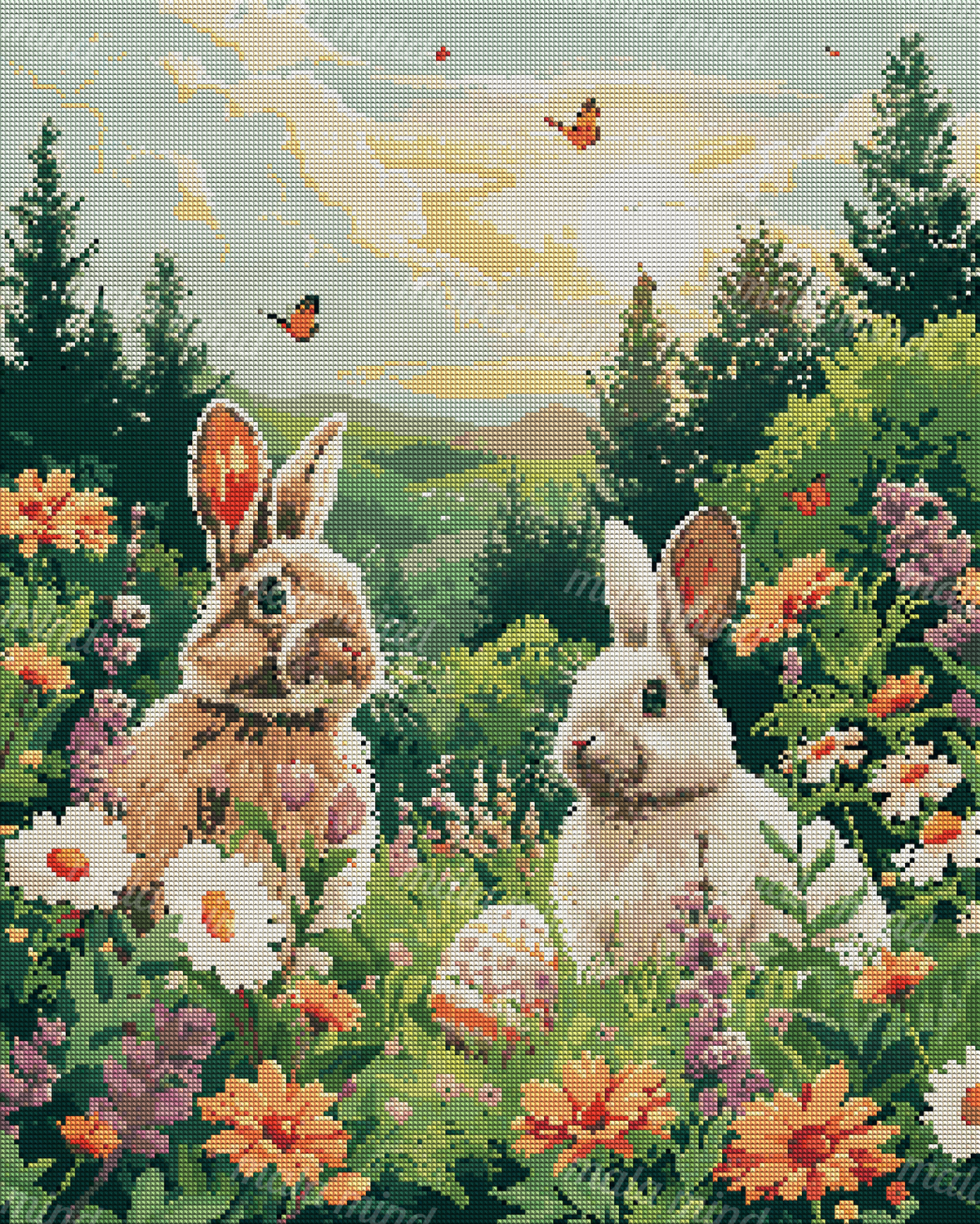 Two rabbits surrounded by flowers in a forest meadow with butterflies, mountains, and a decorated egg — 04_diamond_render