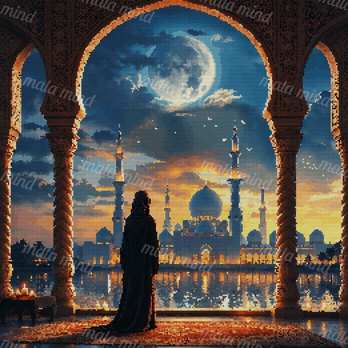 Veiled figure beneath ornate arches facing a glowing domed mosque across reflective water — 04_diamond_render