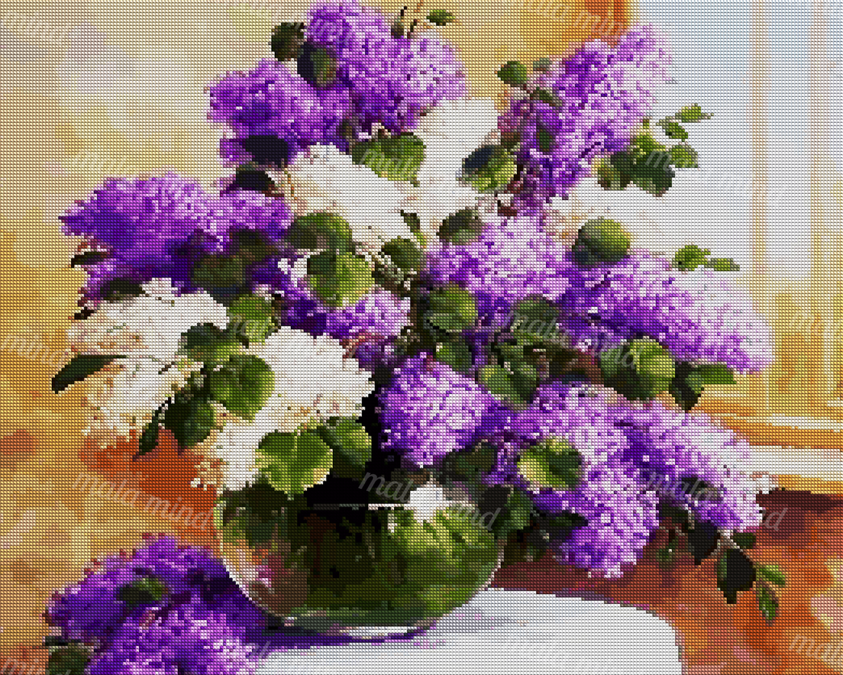 Painterly purple and white lilac bouquet in a rounded glass vase beside a window. — 04_diamond_render