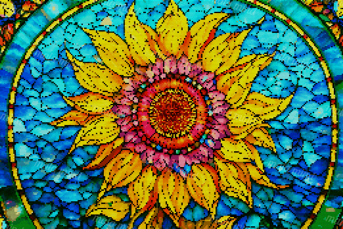Vibrant stained-glass sunflower medallion with yellow petals and a blue mosaic background — 04_diamond_render