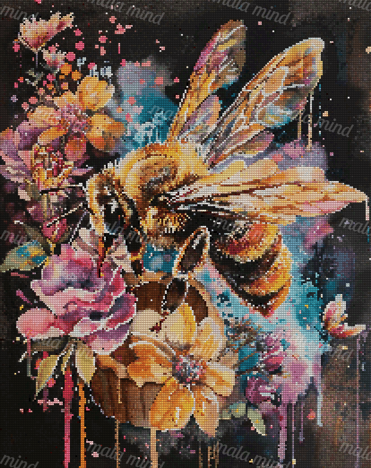 Watercolor-style bumblebee with translucent wings among colorful flowers on a dark splattered background. — 04_diamond_render