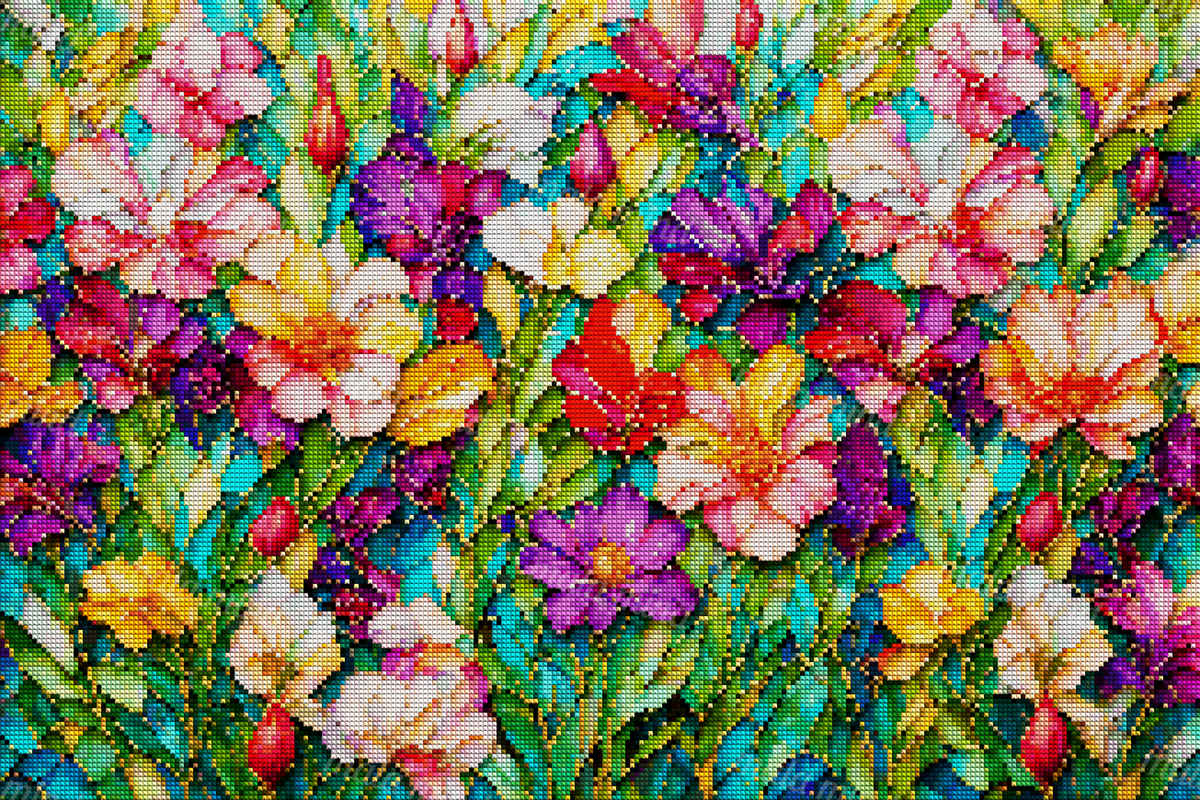 Dense stained-glass floral pattern with colorful blossoms, green leaves, buds, and turquoise sections — 04_diamond_render