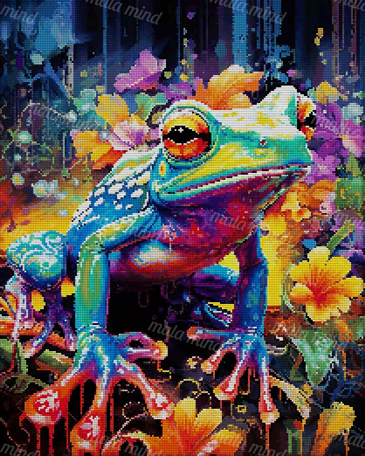 Vivid close-up frog with orange-red eyes surrounded by colorful flowers and a smaller frog — 04_diamond_render