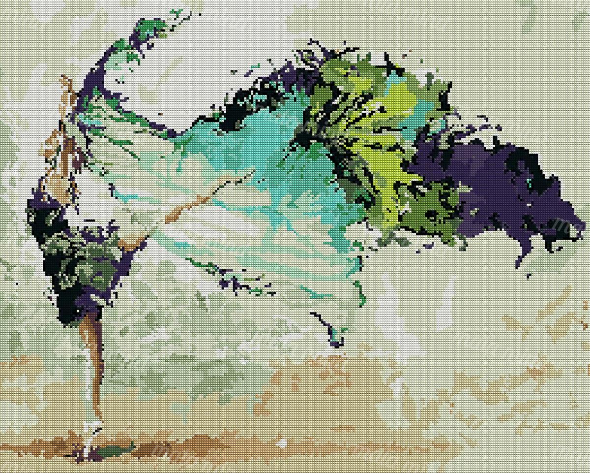 Abstract spreading tree with a slender brown trunk and turquoise, green, and purple foliage. — 04_diamond_render