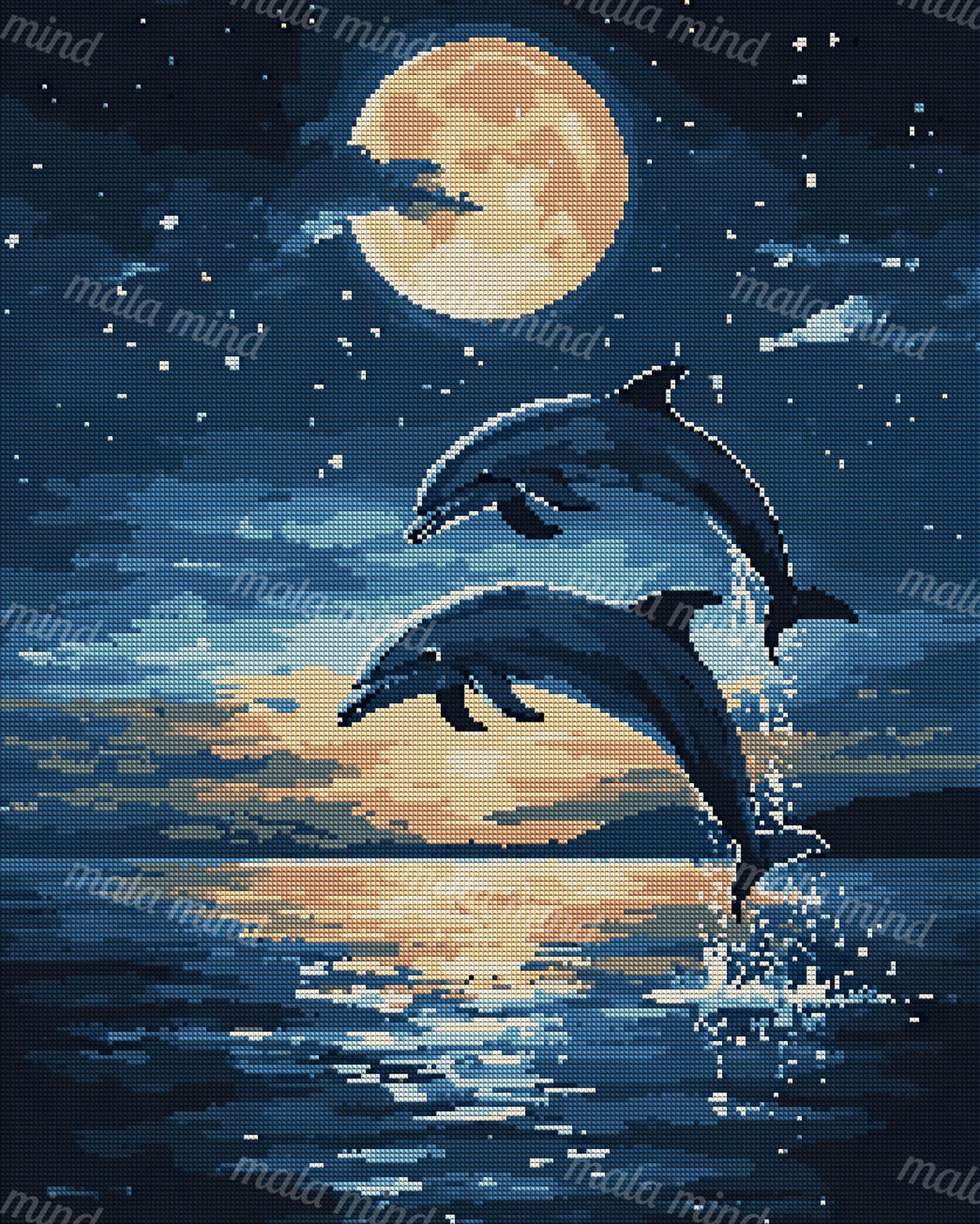 Two dolphins leap through moonlit ocean water beneath a golden moon and starry sky. — 04_diamond_render