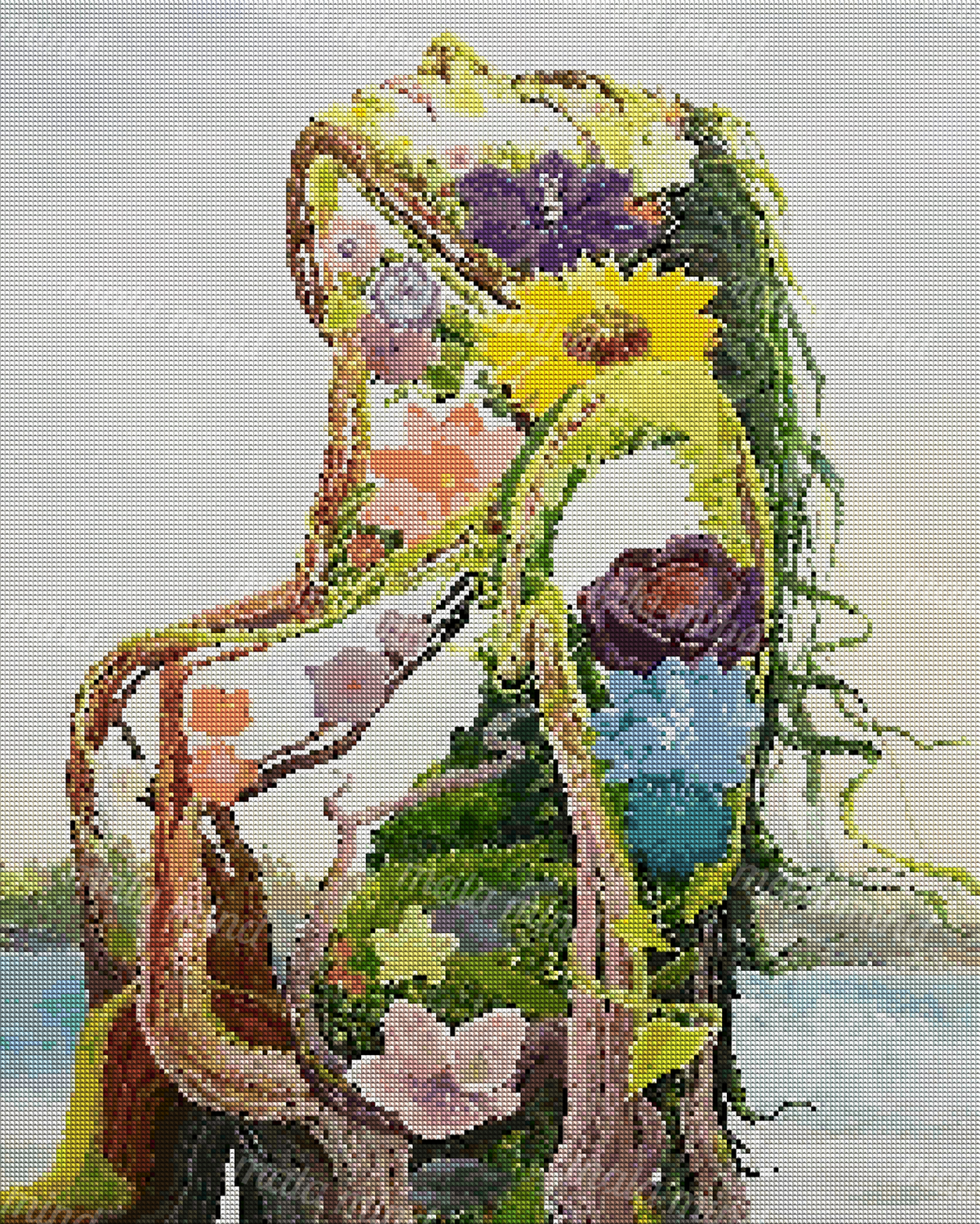 Watercolor botanical figure made of roots, vines, and flowers beside a calm waterside landscape — 04_diamond_render