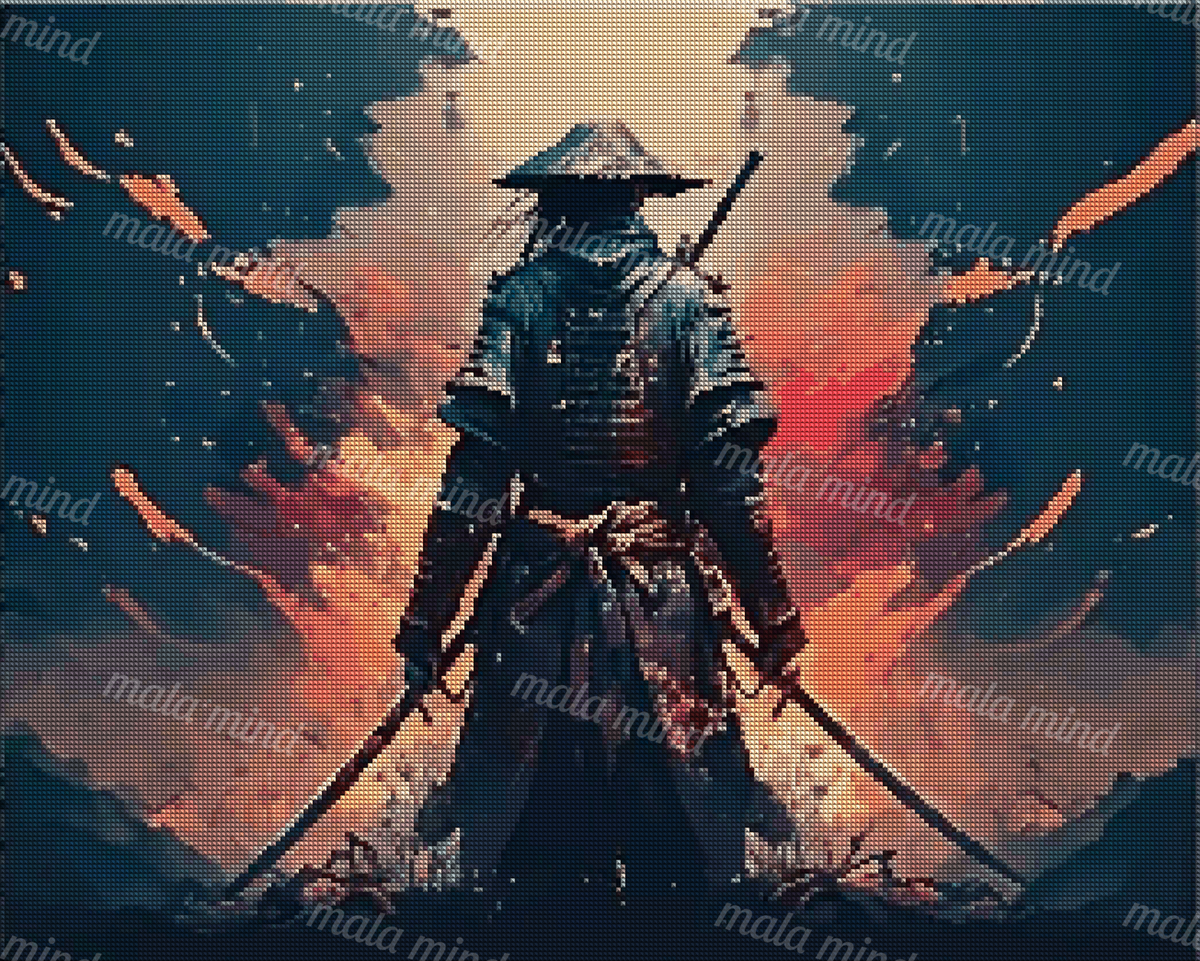 Armored warrior seen from behind with two swords against fiery clouds and a distant mountain — 04_diamond_render