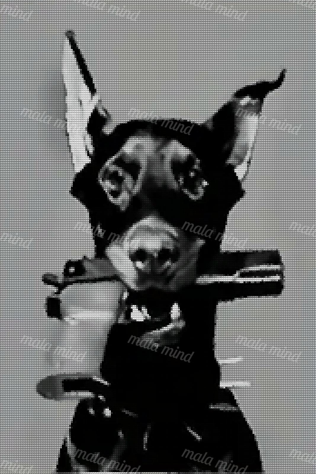 High-contrast black-and-white portrait of a dark-coated dog with upright ears and bars behind it — 04_diamond_render