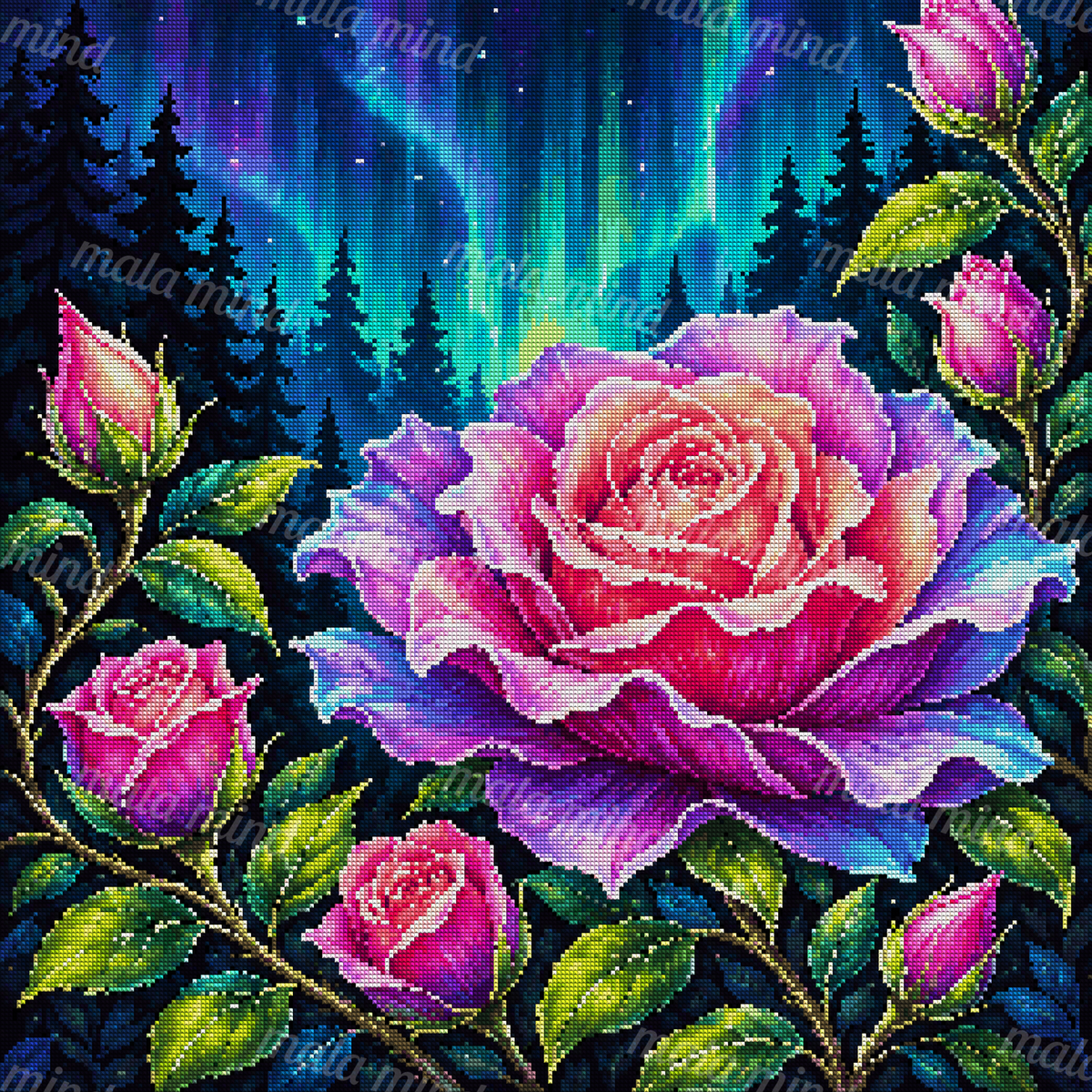 Multicolored roses frame an evergreen forest beneath glowing turquoise and green aurora bands. — 04_diamond_render