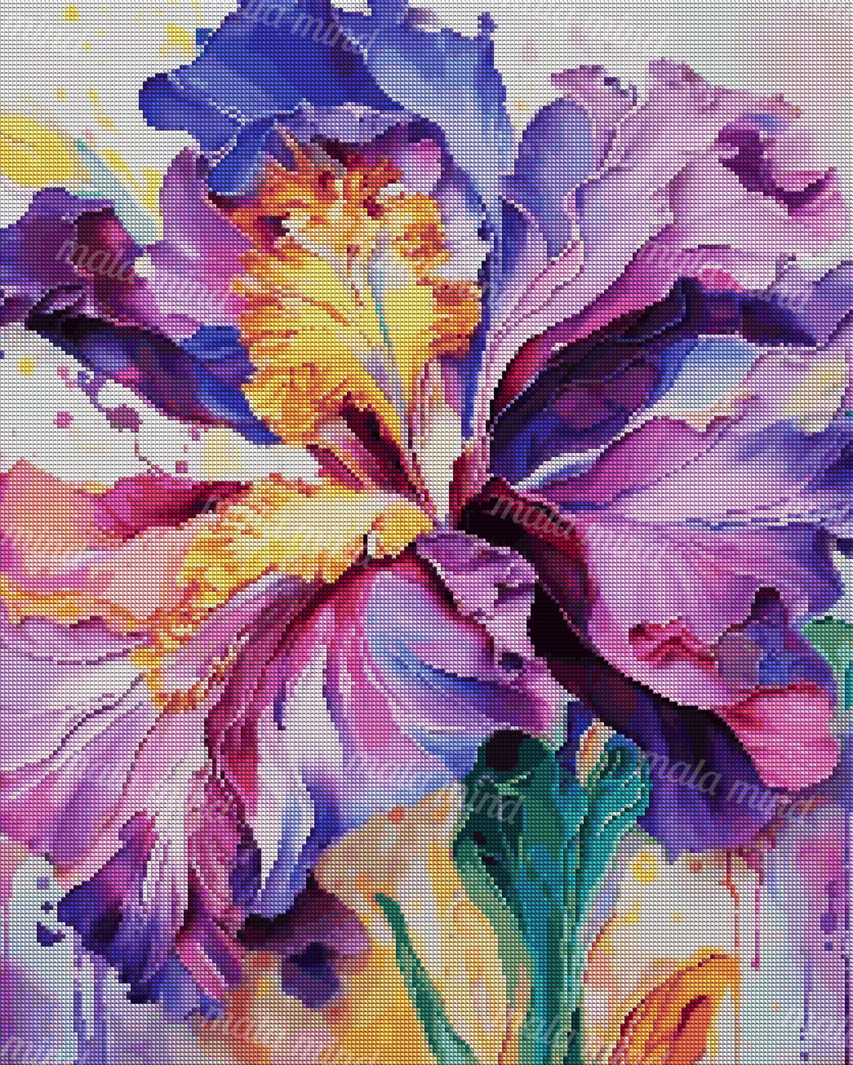 Abstract close-up of purple, pink, and blue flowers with yellow centers and green leaves — 04_diamond_render