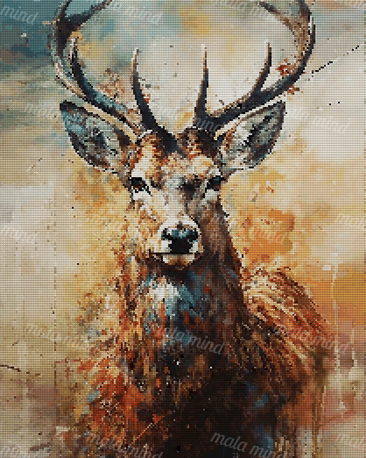 Front-facing watercolor stag with large branching antlers and colorful paint splatters — 04_diamond_render