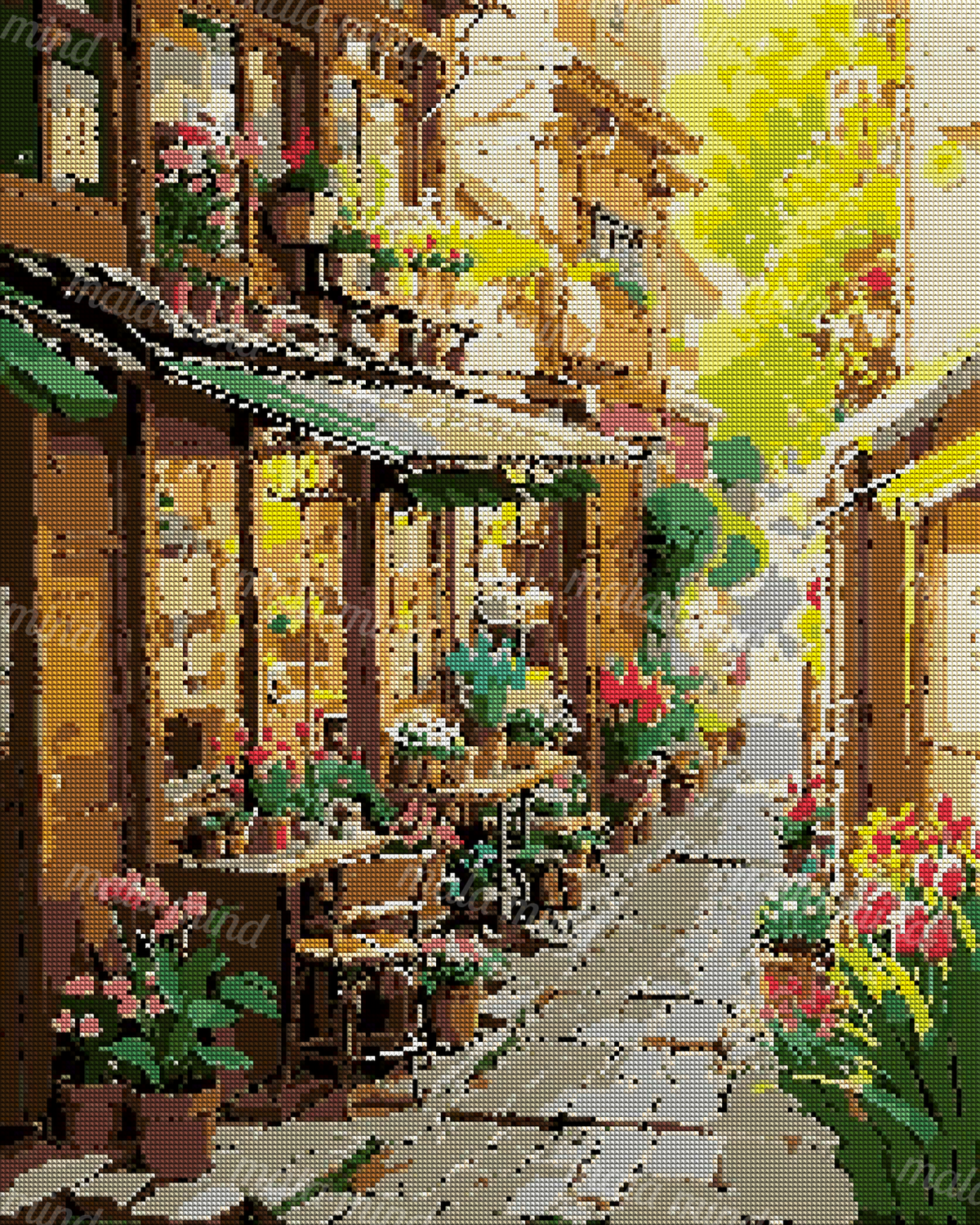 Sunlit flower-filled alley with wooden storefronts, green awnings, potted blooms, and a winding cobblestone path — 04_diamond_render