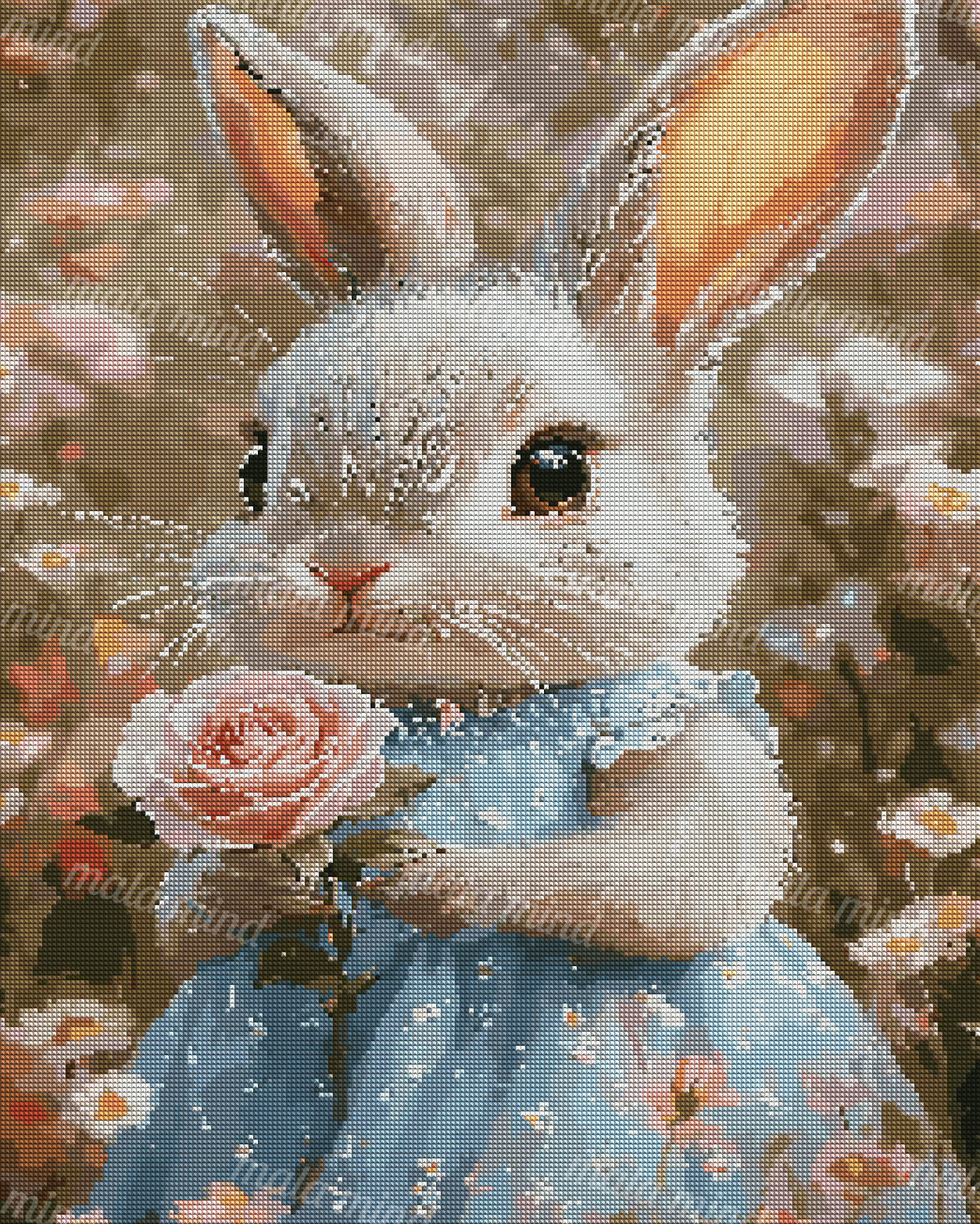 Gray-and-white rabbit in a blue floral dress holding a pink rose — 04_diamond_render