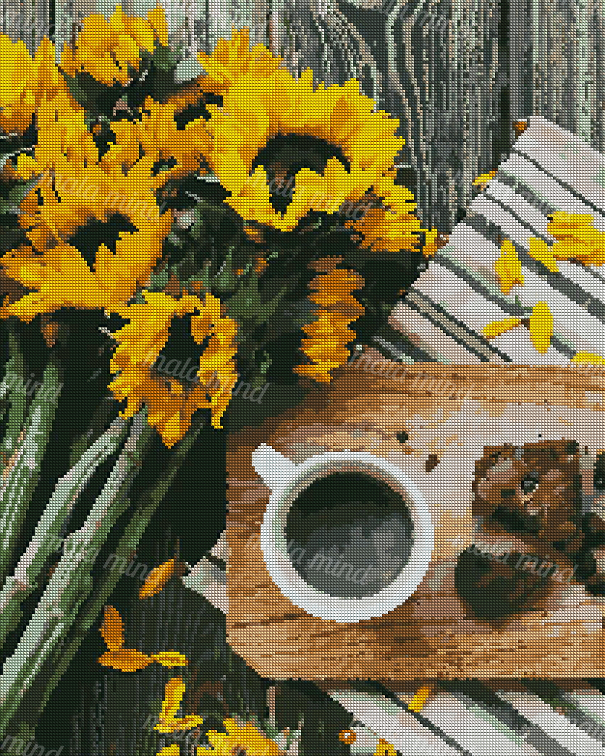 Overhead still life of sunflowers beside coffee, baked food, striped fabric, and a wooden table — 04_diamond_render