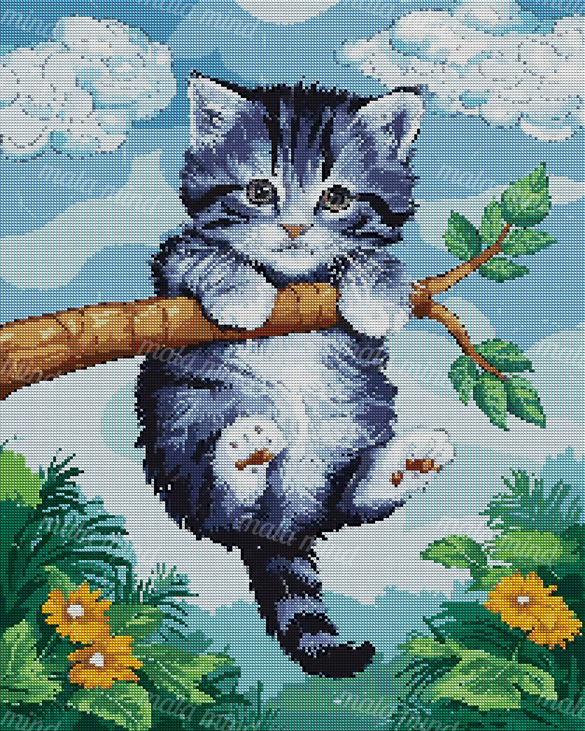 Blue-gray kitten hanging from a tree branch among clouds, green leaves, orange flowers, and rain — 04_diamond_render