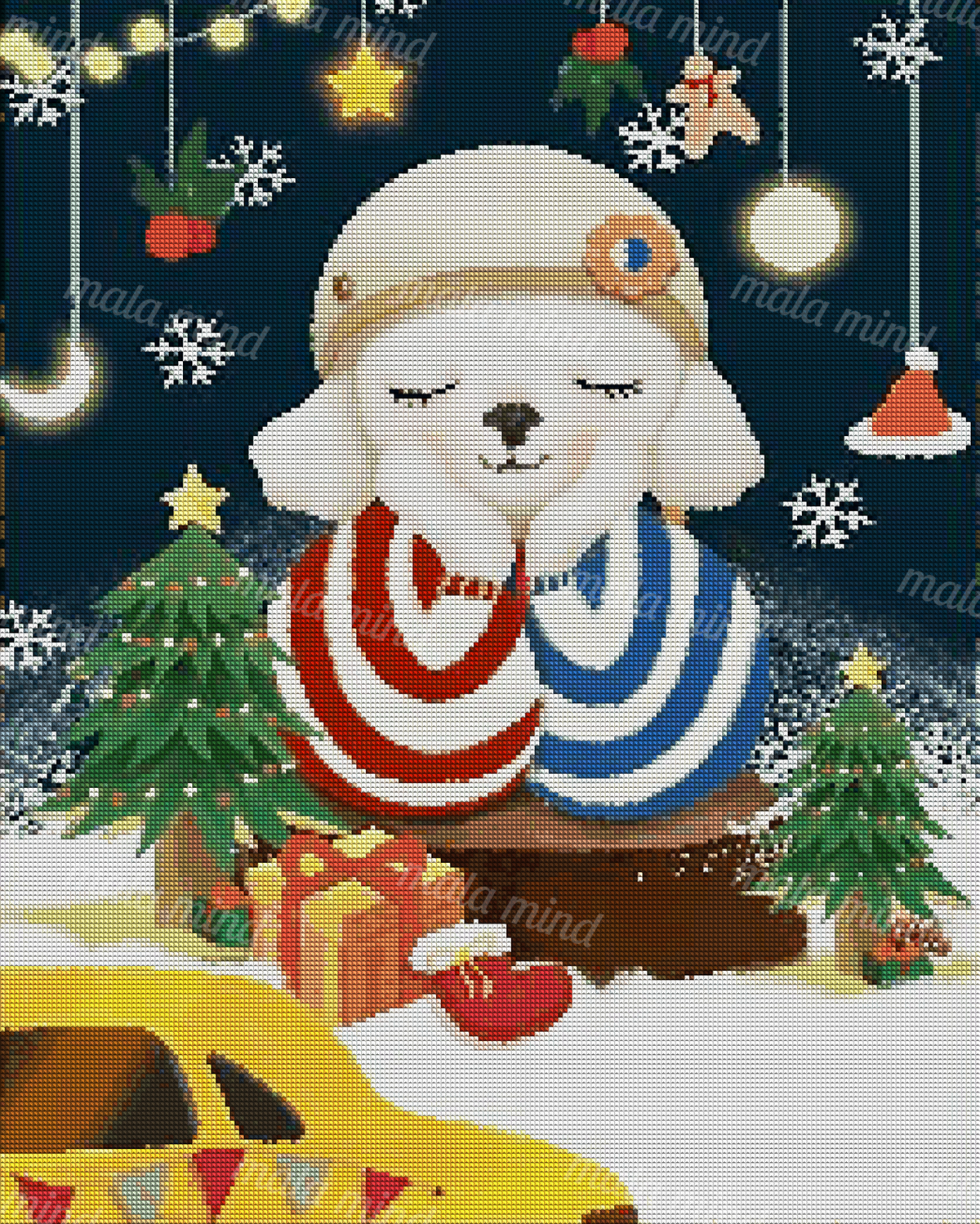 Two sleeping white dogs in striped scarves surrounded by Christmas trees, gifts, snowflakes, and lights. — 04_diamond_render