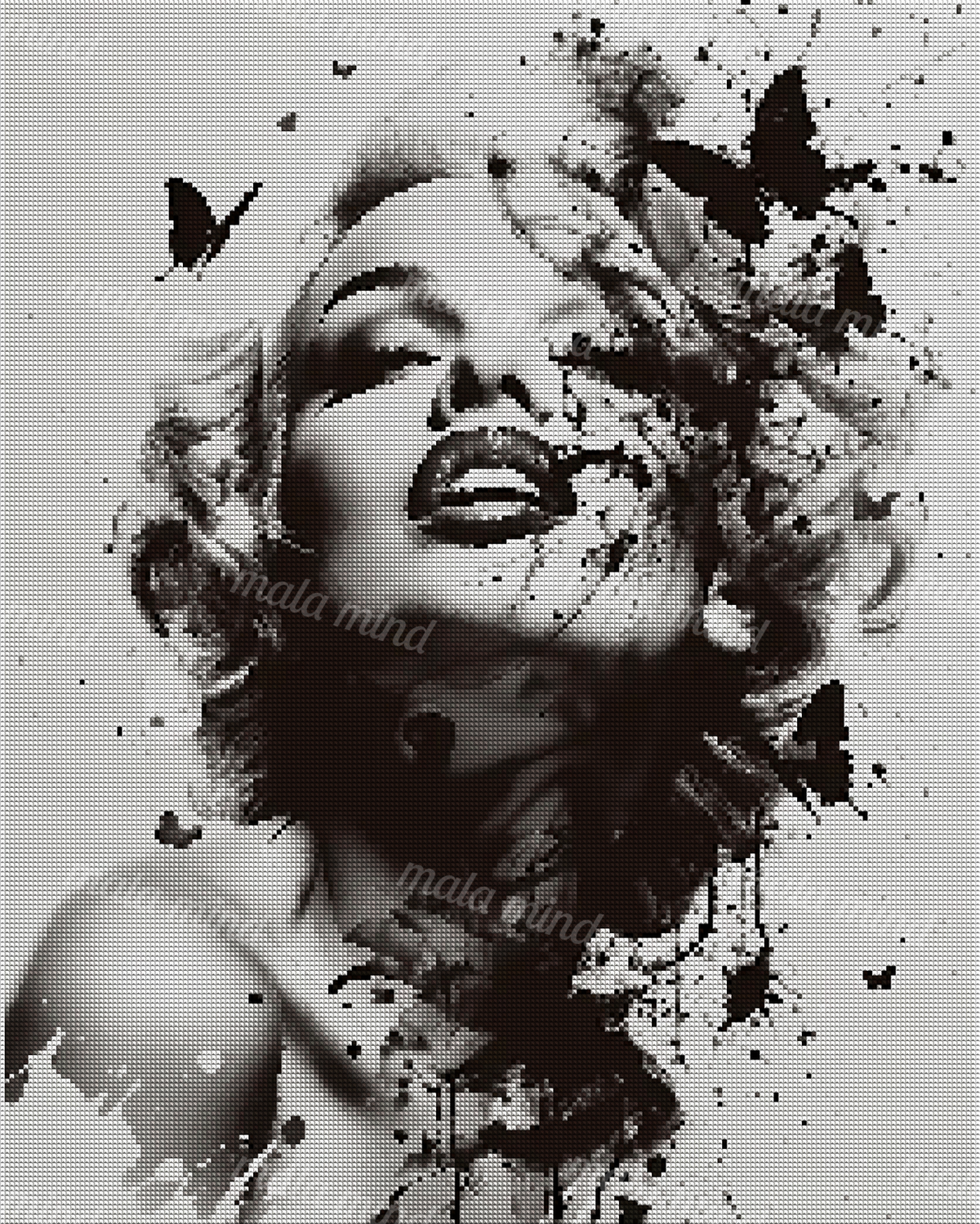 Black-and-white woman portrait with butterflies and expressive ink splatters — 04_diamond_render