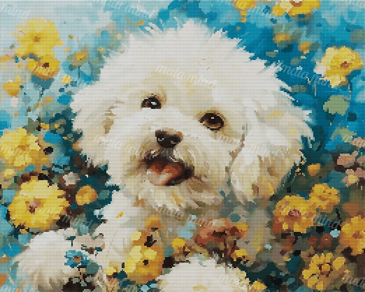 Fluffy white dog with tongue out surrounded by yellow flowers and blue-green foliage — 04_diamond_render