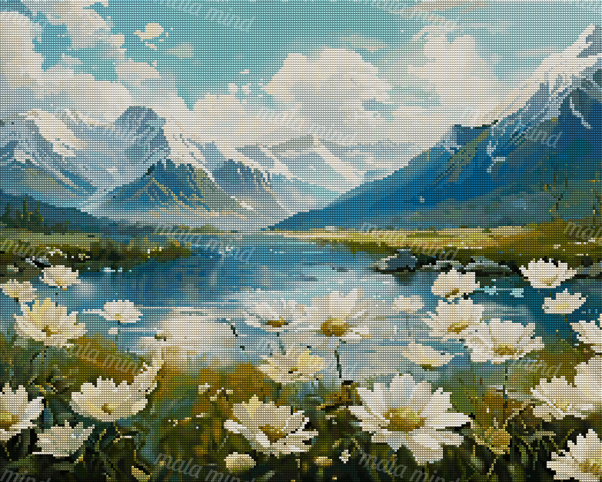 Painterly mountain lake landscape with snow-capped peaks and white water lilies in the foreground — 04_diamond_render