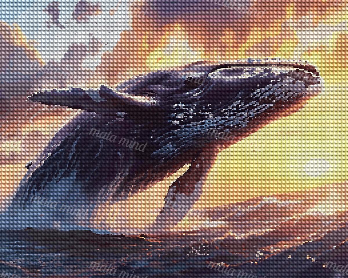 Breaching humpback whale rising through ocean waves beneath a glowing orange sunset sky — 04_diamond_render