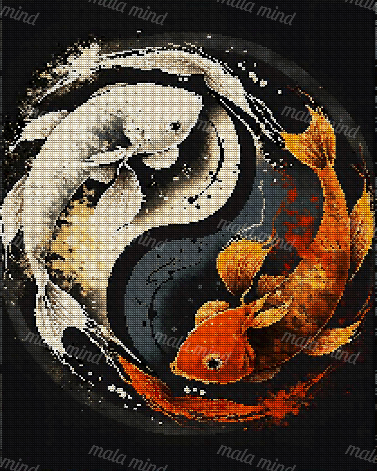 Three cream and orange koi fish swirl around a pale center on a dark background. — 04_diamond_render
