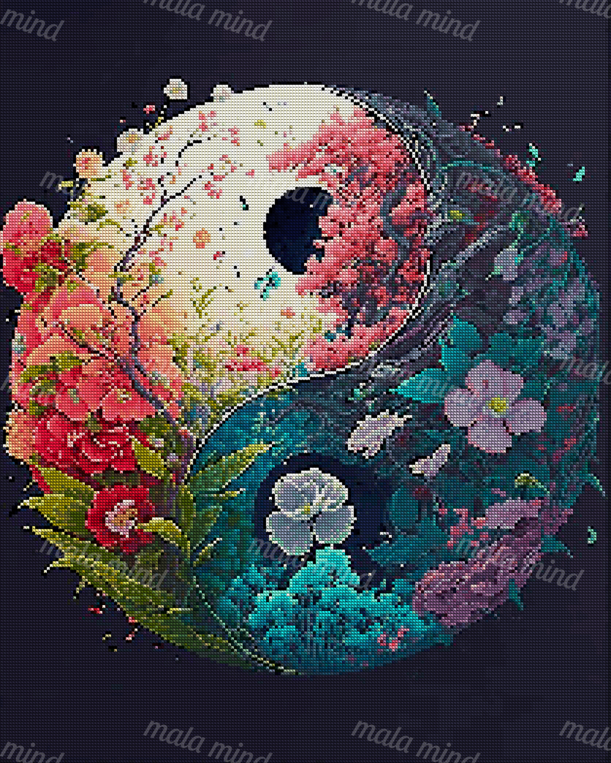 Floral yin-yang emblem with colorful blossoms, butterflies, vines, and dark botanical sections — 04_diamond_render
