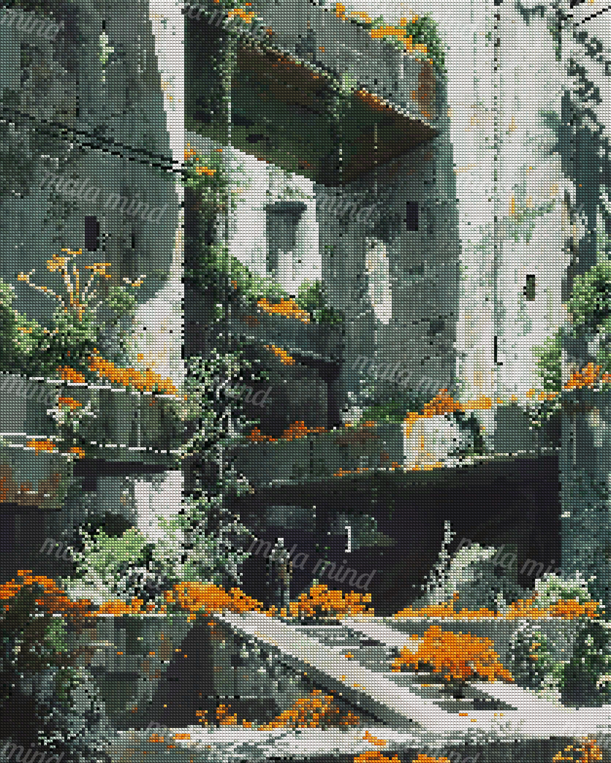 Futuristic concrete city complex covered in greenery and orange flowers, with a lone figure near the center. — 04_diamond_render