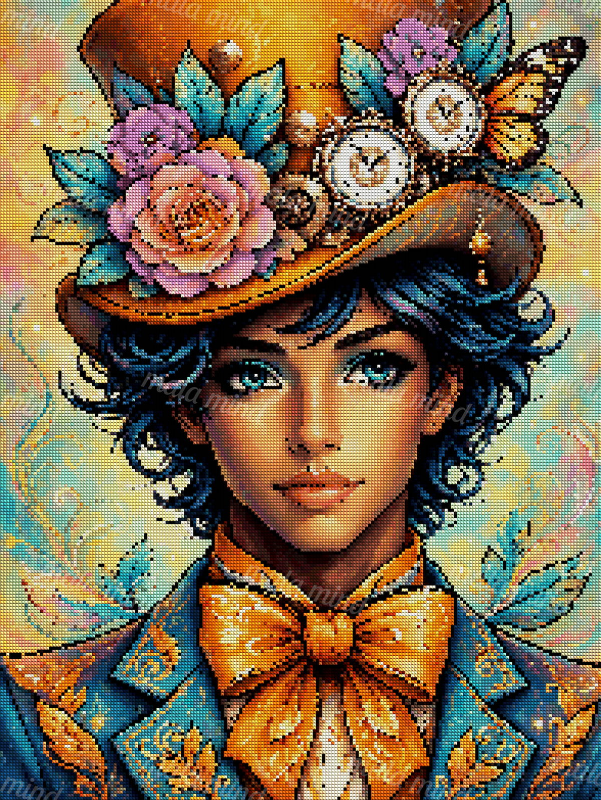 Portrait of a woman with turquoise eyes wearing a floral clockwork hat and large orange bow — 04_diamond_render