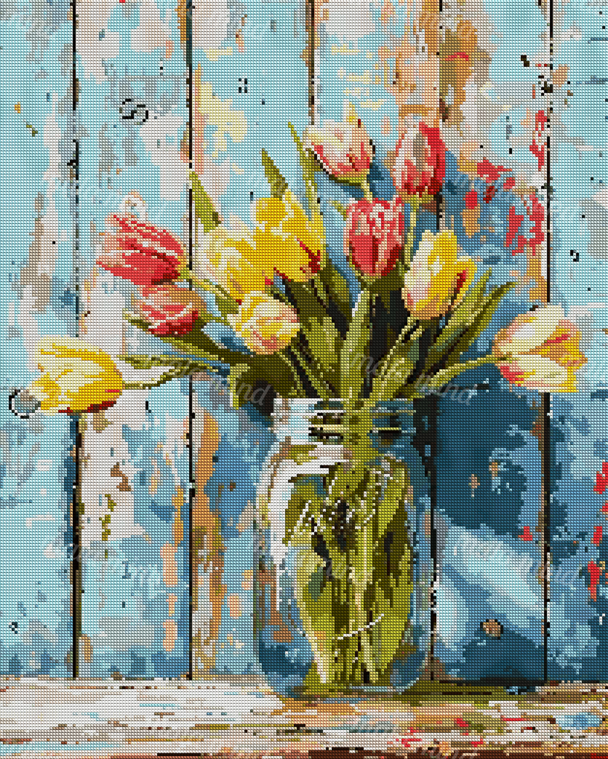 Colorful tulip bouquet in a reflective glass vase against an abstract blue wooden backdrop. — 04_diamond_render