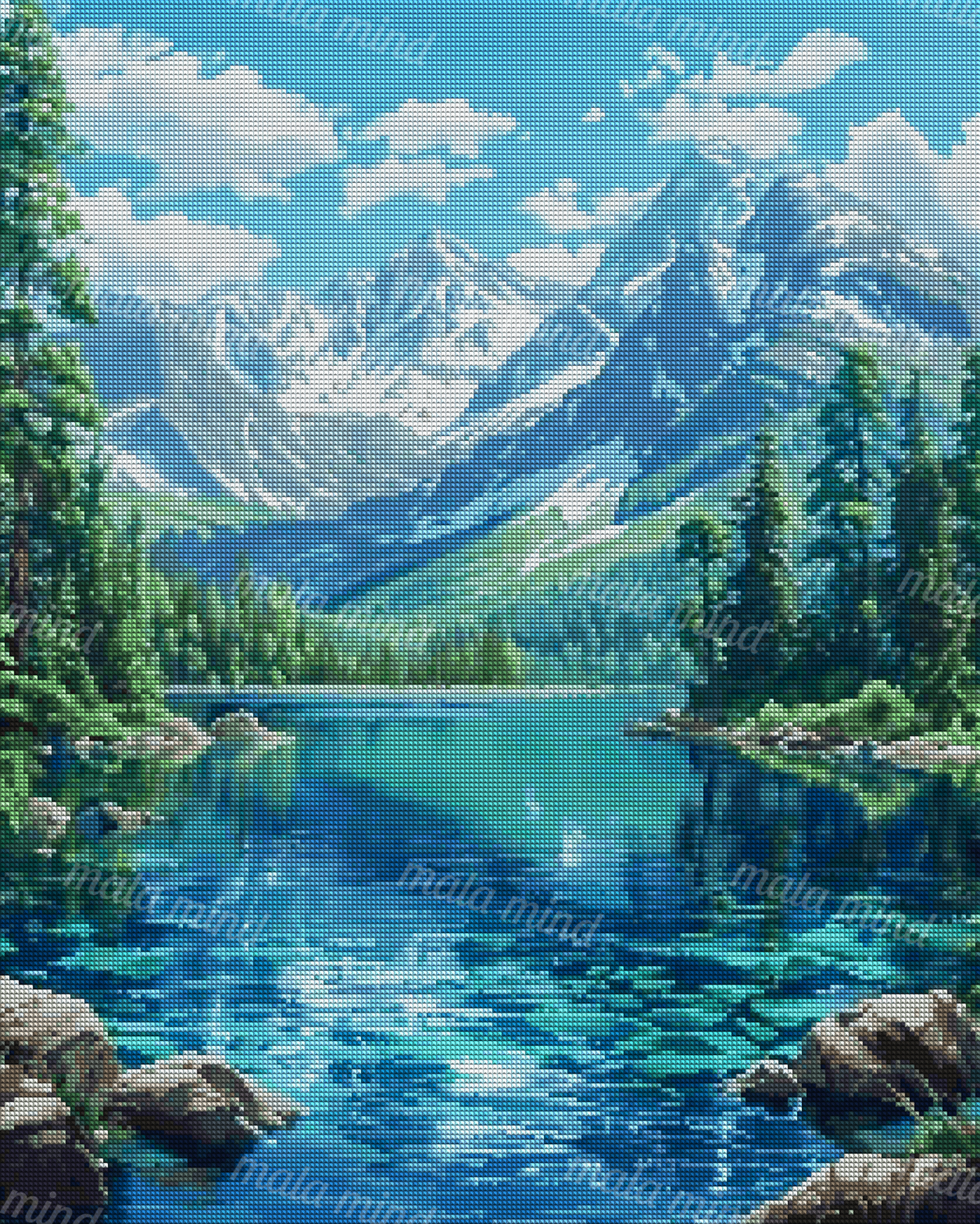 Painterly turquoise alpine lake framed by evergreens and rocks beneath snow-capped mountains and clouds — 04_diamond_render