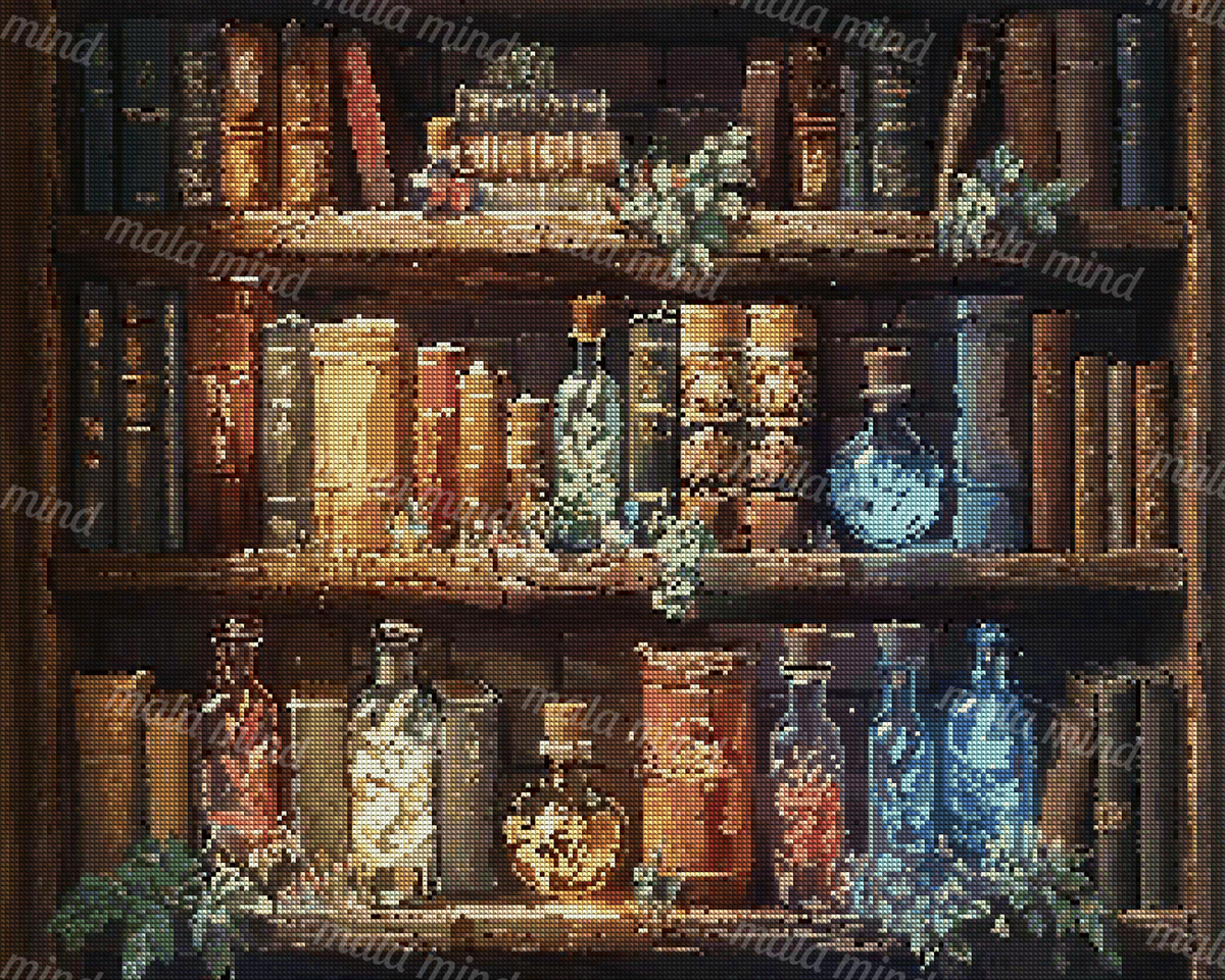 Antique bookshelf filled with books, colorful glass bottles, vials, and trailing green plants — 04_diamond_render