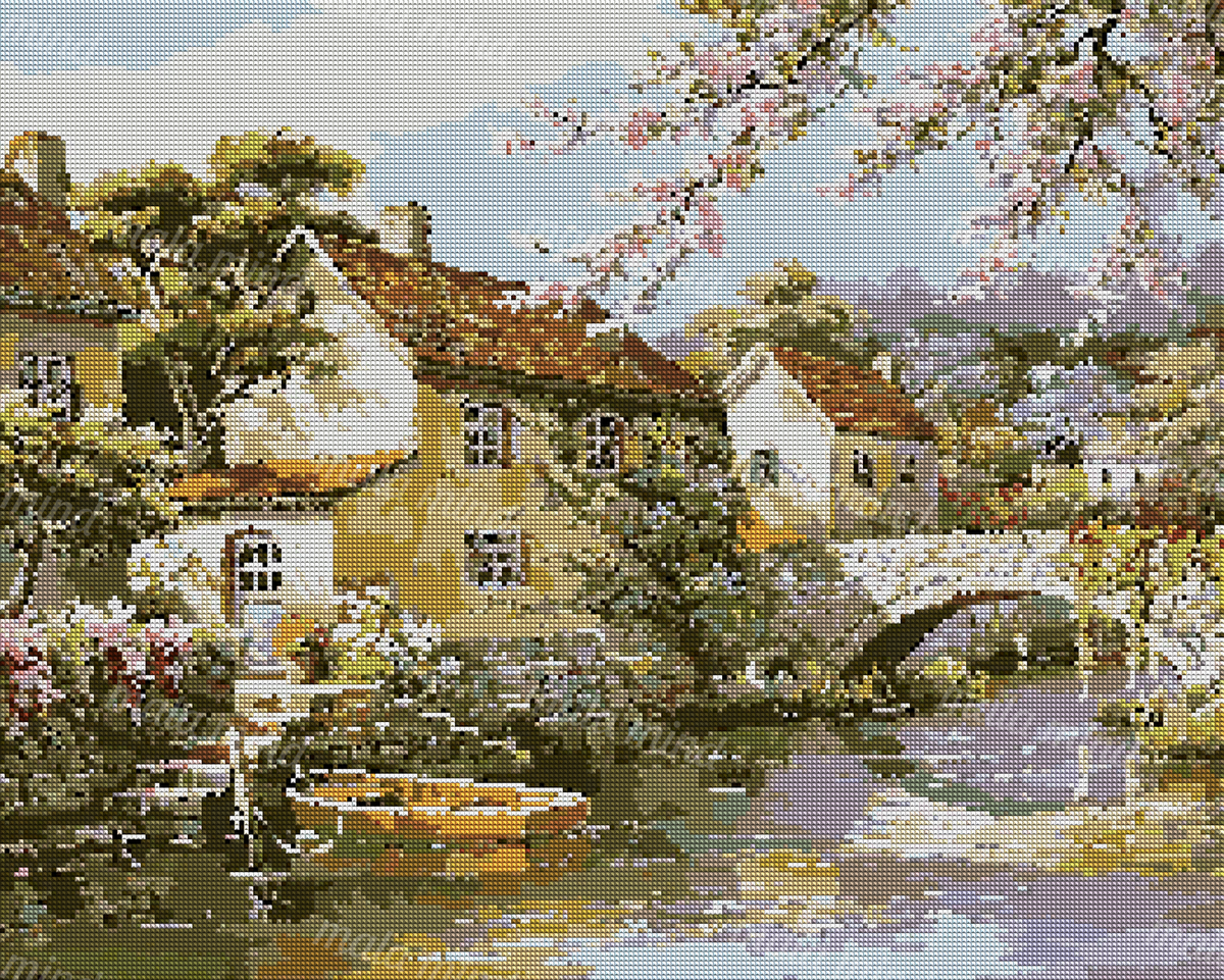 Painterly riverside village with cottages, stone bridge, rowboat, flowering trees, and reflective water — 04_diamond_render