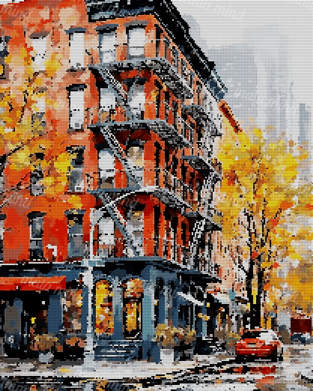 Painterly autumn city street with a red brick building, fire escapes, golden trees, storefronts, and a red car. — 04_diamond_render