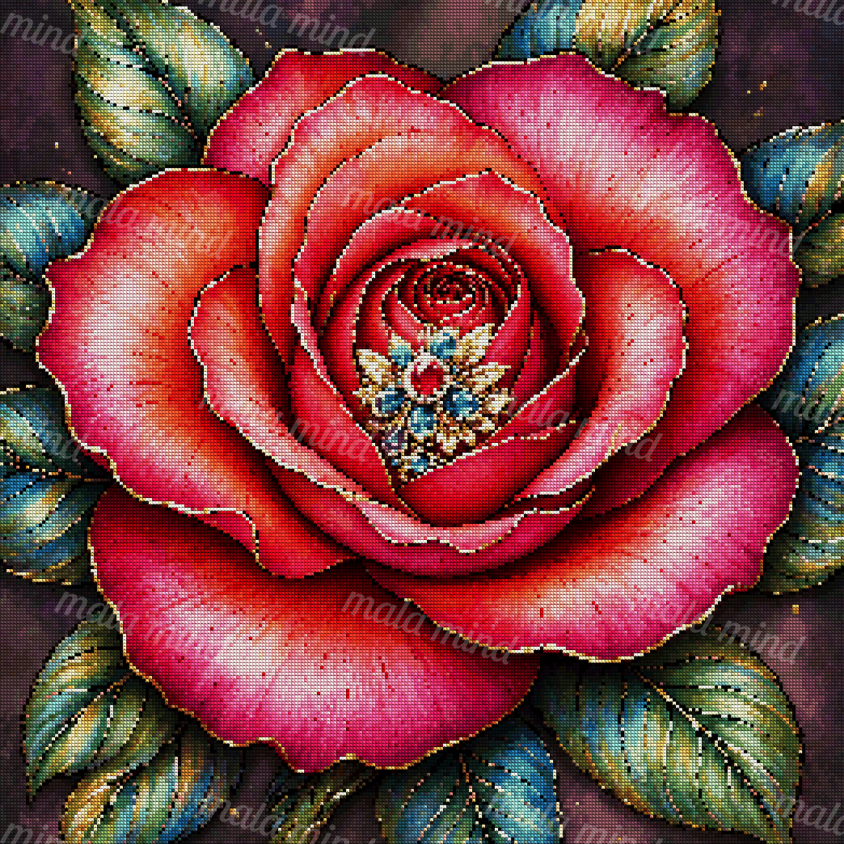 Large jeweled red and pink rose surrounded by blue-green leaves on a dark background — 04_diamond_render