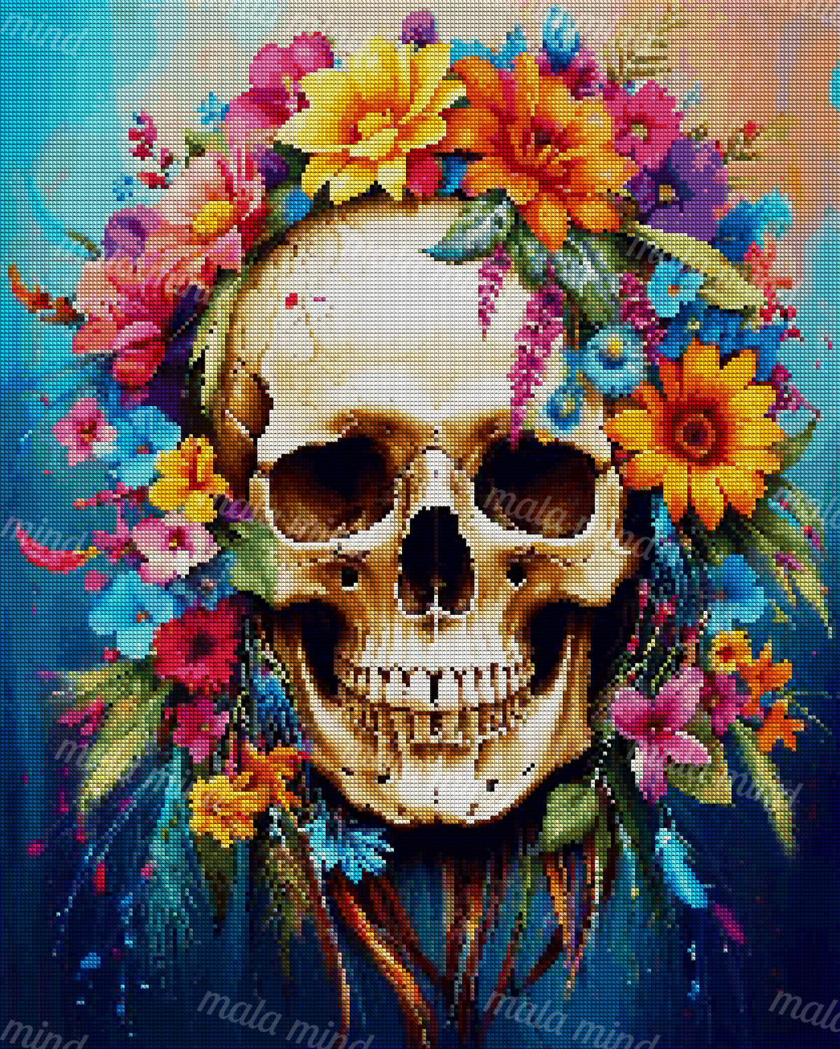 Ivory skull framed by colorful flowers, green leaves, and feathers on a dark blue background — 04_diamond_render