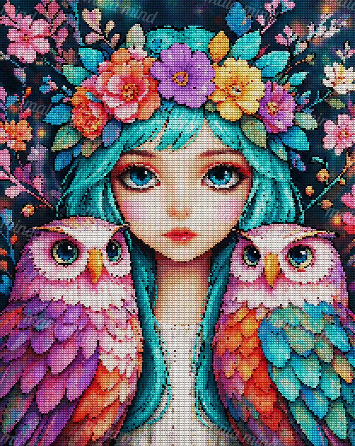 Turquoise-haired woman with a flower crown between two colorful owls — 04_diamond_render