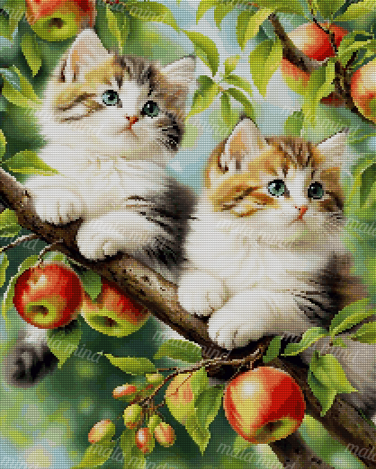Two fluffy blue-eyed kittens sit on a branch surrounded by apples and green leaves. — 04_diamond_render