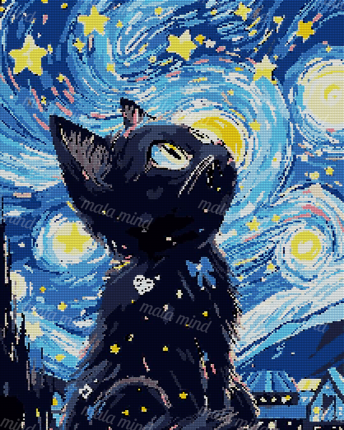 Stylized black cat gazing upward beneath a swirling blue sky filled with stars and glowing circles — 04_diamond_render