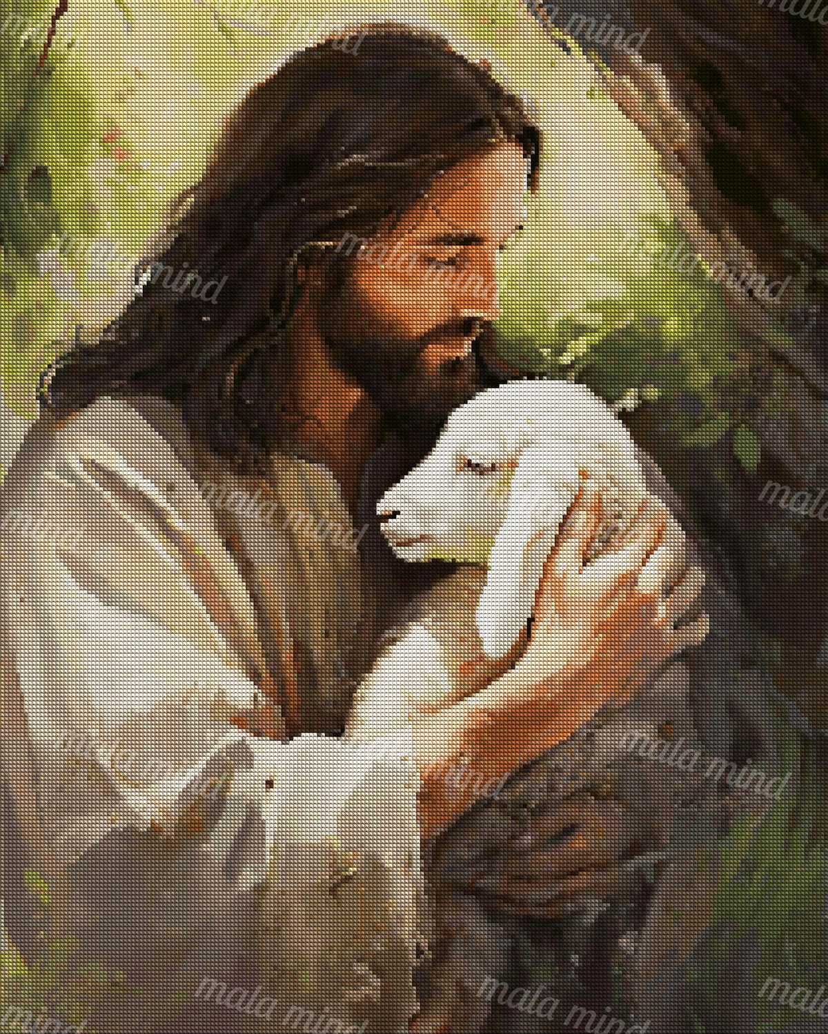 Painterly portrait of a bearded man embracing a white lamb in a green wooded setting — 04_diamond_render