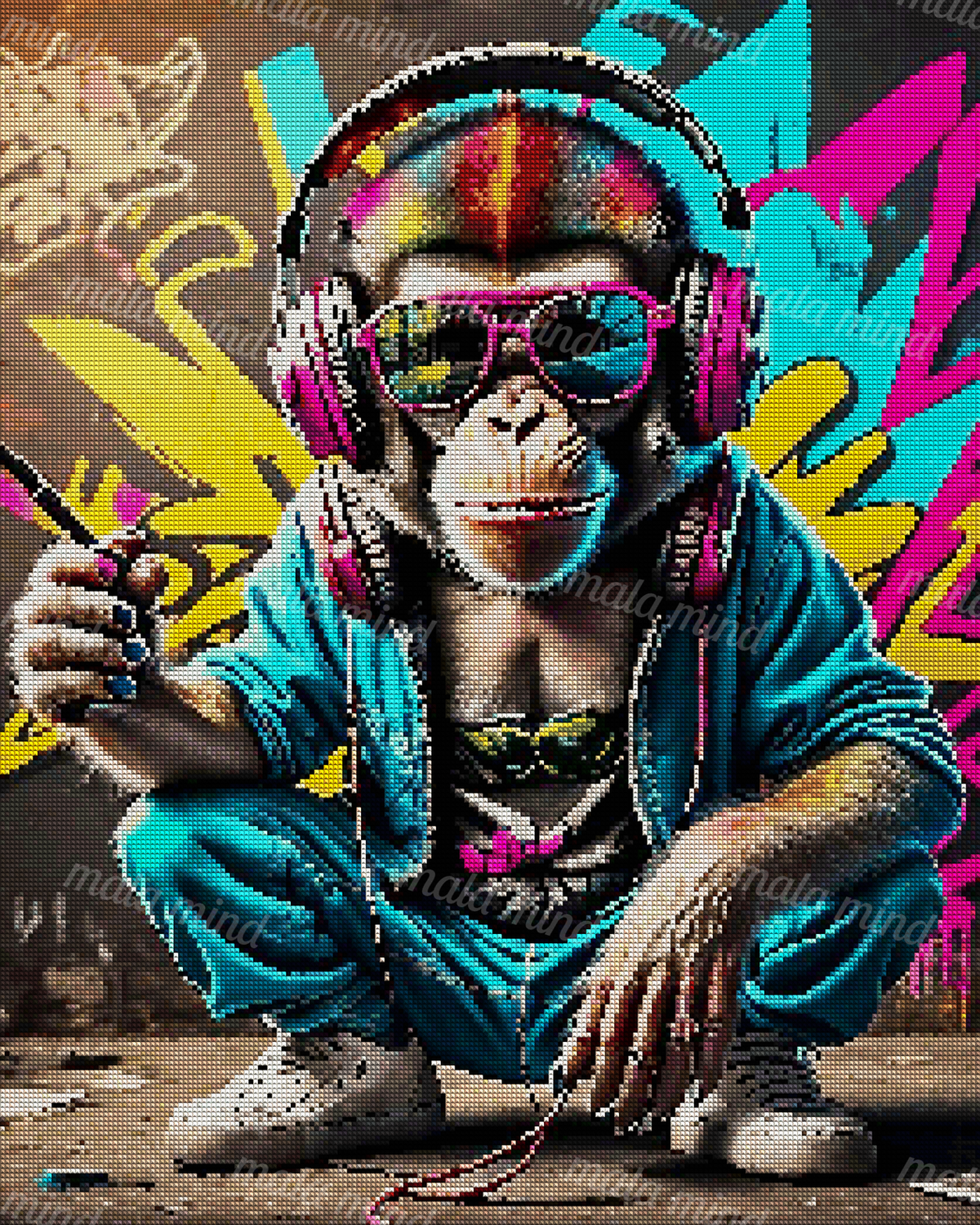 Crouching chimpanzee wearing headphones and pink sunglasses in a blue tracksuit before a graffiti wall. — 04_diamond_render