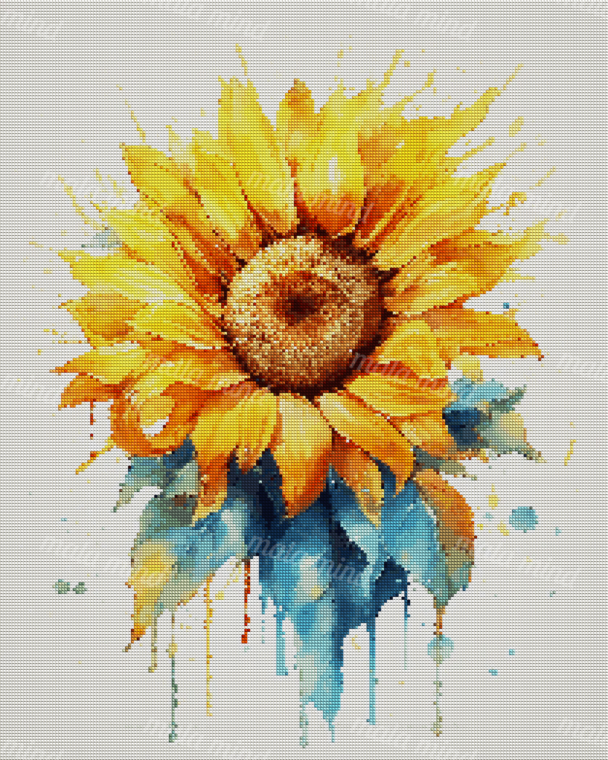 Large yellow-orange sunflower with blue-green leaves, paint splashes, and colorful drips on an off-white background — 04_diamond_render